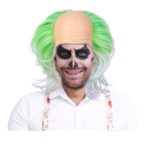 Xutengy Bald Anime Beetle Juice Cosplay Halloween Wigs for Old Men Blonde Green